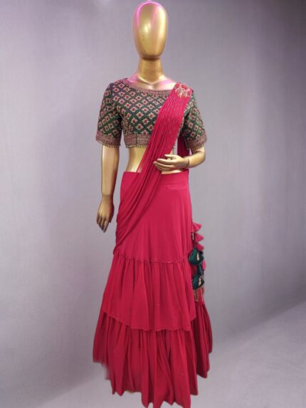 Red drape Saree with hand Embroidered